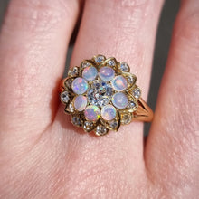 Load image into Gallery viewer, Antique 18ct Gold Opal &amp; Diamond Cluster Ring modelled
