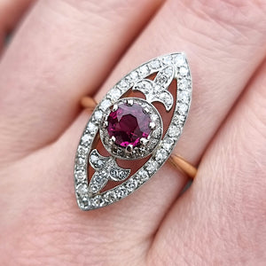 Art Deco 18ct Gold & Platinum Ruby and Diamond Navette Ring modelled