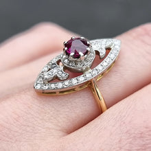 Load image into Gallery viewer, Art Deco 18ct Gold &amp; Platinum Ruby and Diamond Navette Ring modelled
