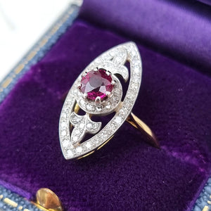 Art Deco 18ct Gold & Platinum Ruby and Diamond Navette Ring in box