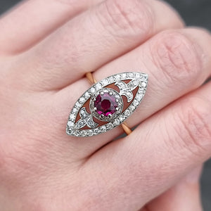 Art Deco 18ct Gold & Platinum Ruby and Diamond Navette Ring modelled