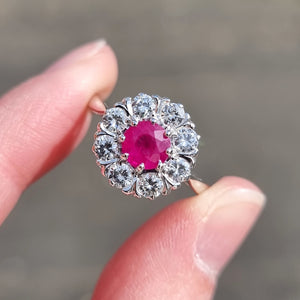 Vintage 18ct White Gold Ruby & Diamond Cluster Ring in hand
