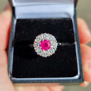 Vintage 18ct White Gold Ruby & Diamond Cluster Ring in box
