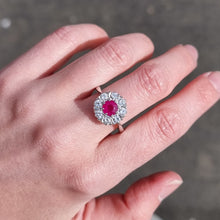 Load image into Gallery viewer, Vintage 18ct White Gold Ruby &amp; Diamond Cluster Ring modelled
