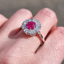 Load image into Gallery viewer, Vintage 18ct White Gold Ruby &amp; Diamond Cluster Ring modelled
