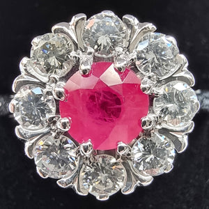 Vintage 18ct White Gold Ruby & Diamond Cluster Ring close-up