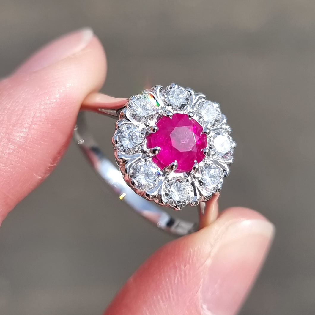 Vintage 18ct White Gold Ruby & Diamond Cluster Ring in hand