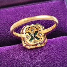 Load image into Gallery viewer, Art Deco 18ct Gold &amp; Platinum Emerald and Diamond Tablet Ring rear view
