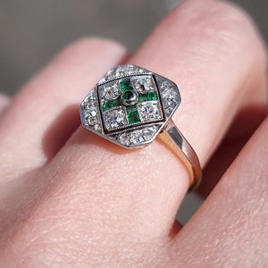 Art Deco 18ct Gold & Platinum Emerald and Diamond Tablet Ring modelled