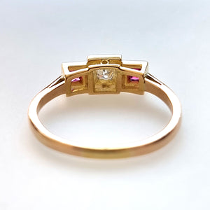 Vintage 18ct Gold Ruby & Diamond Three Stone Ring from behind