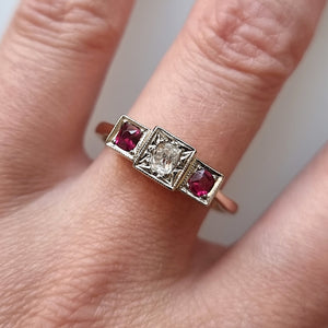 Vintage 18ct Gold Ruby & Diamond Three Stone Ring modelled