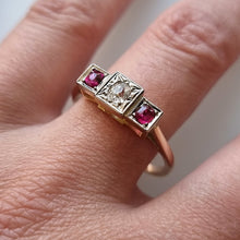 Load image into Gallery viewer, Vintage 18ct Gold Ruby &amp; Diamond Three Stone Ring modelled
