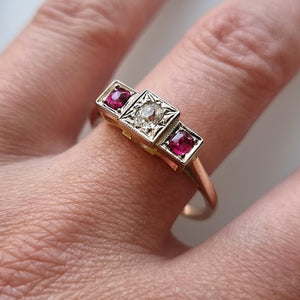 Vintage 18ct Gold Ruby & Diamond Three Stone Ring modelled