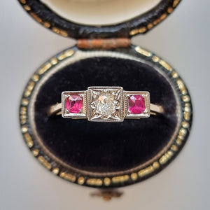 Vintage 18ct Gold Ruby & Diamond Three Stone Ring in box