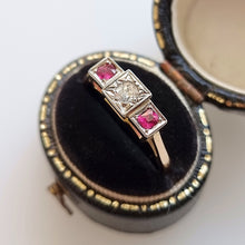 Load image into Gallery viewer, Vintage 18ct Gold Ruby &amp; Diamond Three Stone Ring in box

