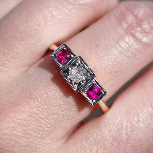 Vintage 18ct Gold Ruby & Diamond Three Stone Ring modelled