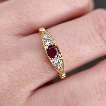Load image into Gallery viewer, Vintage 18ct Gold Garnet &amp; Diamond Five Stone Ring modelled
