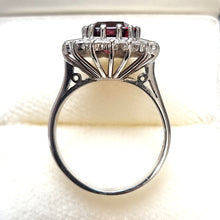 Load image into Gallery viewer, Vintage 18ct White Gold Garnet &amp; Diamond Cluster Ring from above
