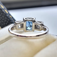 Load image into Gallery viewer, Vintage 18ct White Gold Aquamarine &amp; Diamond Three Stone Ring from behind
