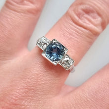 Load image into Gallery viewer, Vintage 18ct White Gold Aquamarine &amp; Diamond Three Stone Ring modelled
