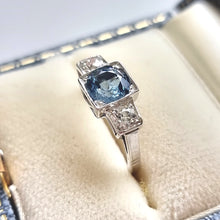 Load image into Gallery viewer, Vintage 18ct White Gold Aquamarine &amp; Diamond Three Stone Ring in box
