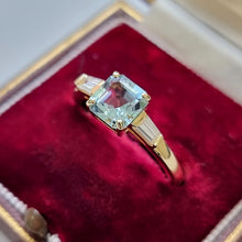 Load image into Gallery viewer, 18ct Gold Aquamarine and Diamond Three Stone Ring in box

