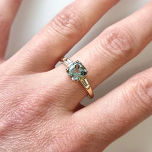 Load image into Gallery viewer, 18ct Gold Aquamarine and Diamond Three Stone Ring modelled
