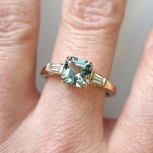 Load image into Gallery viewer, 18ct Gold Aquamarine and Diamond Three Stone Ring modelled
