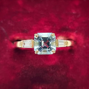18ct Gold Aquamarine and Diamond Three Stone Ring in box