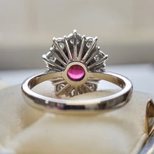 Load image into Gallery viewer, Vintage 18ct White Gold Garnet &amp; Diamond Cluster Ring behind head
