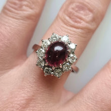 Load image into Gallery viewer, Vintage 18ct White Gold Garnet &amp; Diamond Cluster Ring modelled
