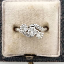 Load image into Gallery viewer, Vintage Platinum Diamond Three Stone Crossover Ring, 0.70ct in box
