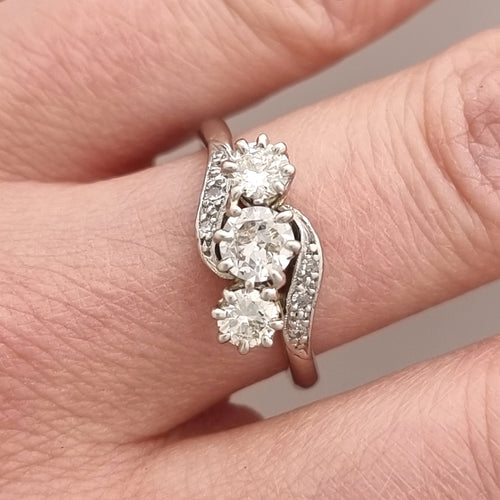 Vintage Platinum Diamond Three Stone Crossover Ring, 0.70ct modelled