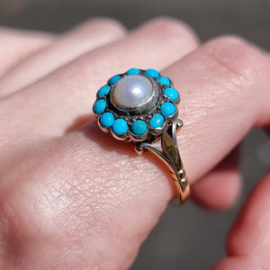 Vintage 9ct Gold Turquoise & Pearl Cluster Ring modelled