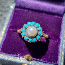 Load image into Gallery viewer, Vintage 9ct Gold Turquoise &amp; Pearl Cluster Ring in box
