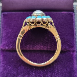 Vintage 9ct Gold Turquoise & Pearl Cluster Ring side