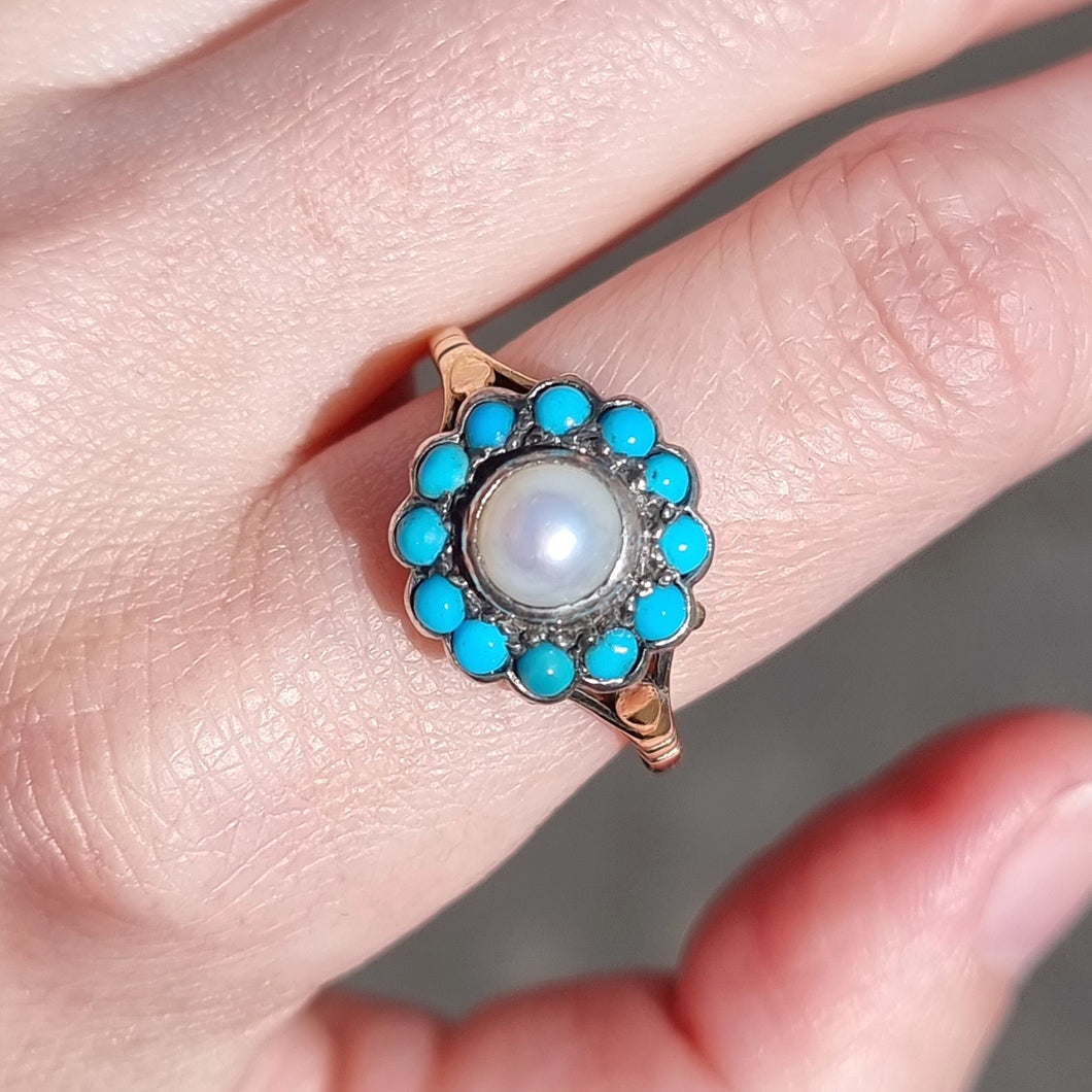 Vintage 9ct Gold Turquoise & Pearl Cluster Ring modelled