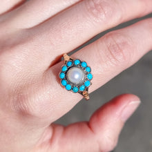 Load image into Gallery viewer, Vintage 9ct Gold Turquoise &amp; Pearl Cluster Ring modelled

