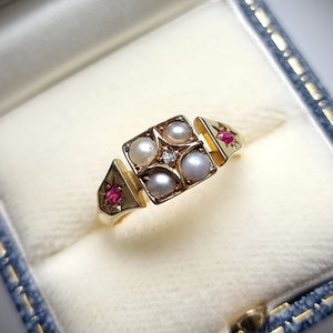 Victorian 18ct Gold Pearl, Ruby & Diamond Ring in box