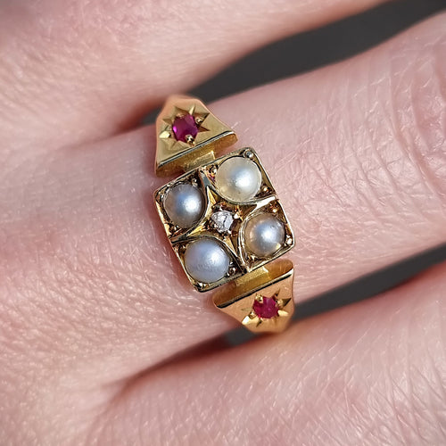 Victorian 18ct Gold Pearl, Ruby & Diamond Ring modelled