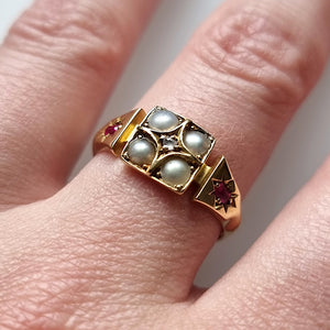 Victorian 18ct Gold Pearl, Ruby & Diamond Ring modelled