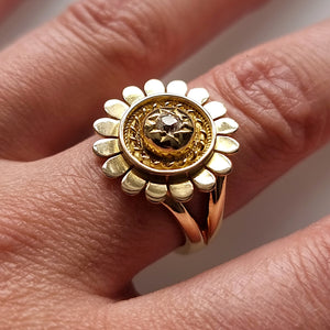 Antique 9ct Gold Diamond Sunflower Ring modelled