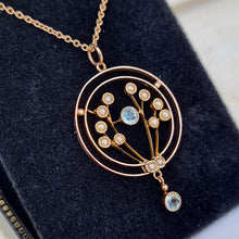 Load image into Gallery viewer, Edwardian 9ct Gold Aquamarine &amp; Pearl Pendant Necklace by Murrle Bennett side
