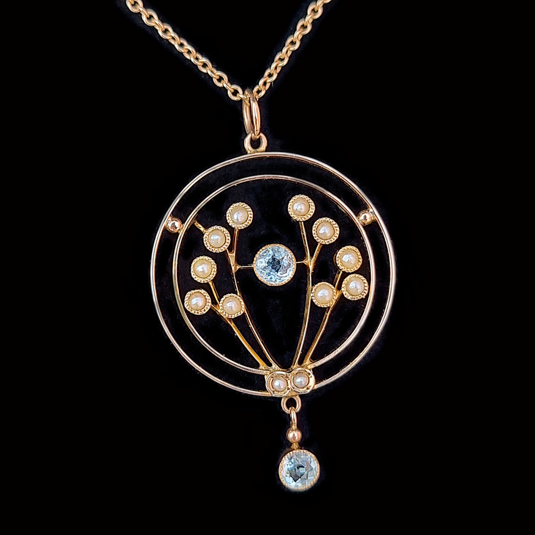 Edwardian 9ct Gold Aquamarine & Pearl Pendant Necklace by Murrle Bennett front
