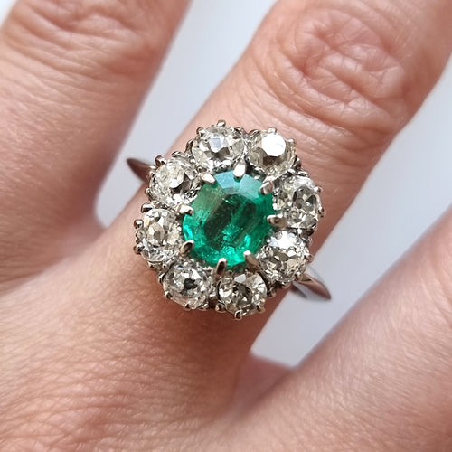 Vintage 18ct Gold Emerald & Diamond Cluster Ring, 2.00ct modelled