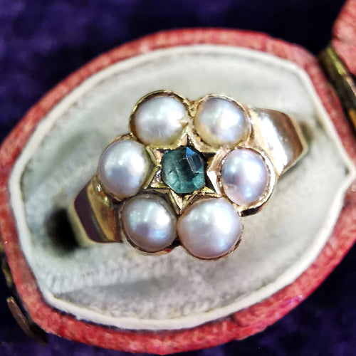 Antique 9ct Gold Emerald & Pearl Mourning Ring