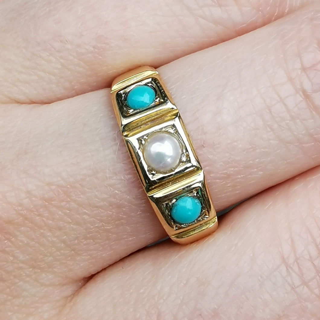 Antique 18ct Gold Turquoise & Pearl Ring