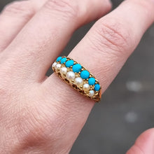 Load image into Gallery viewer, Victorian 18ct Gold Turquoise &amp; Pearl Double Row Ring modelled
