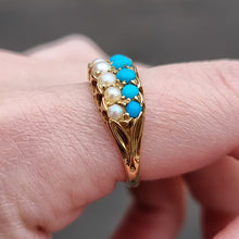 Load image into Gallery viewer, Victorian 18ct Gold Turquoise &amp; Pearl Double Row Ring modelled
