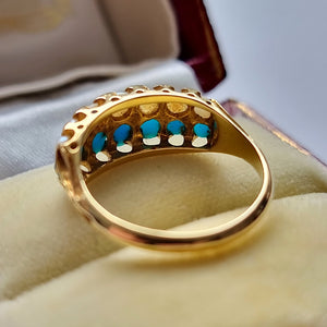 Victorian 18ct Gold Turquoise & Pearl Double Row Ring behind head
